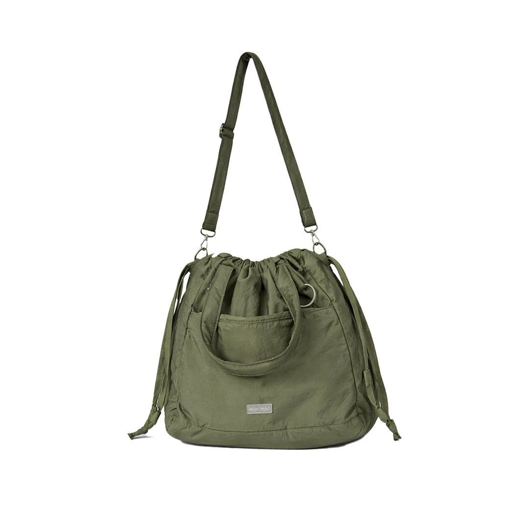 Puffer Drawstring Sling Bag in Pesto Oil